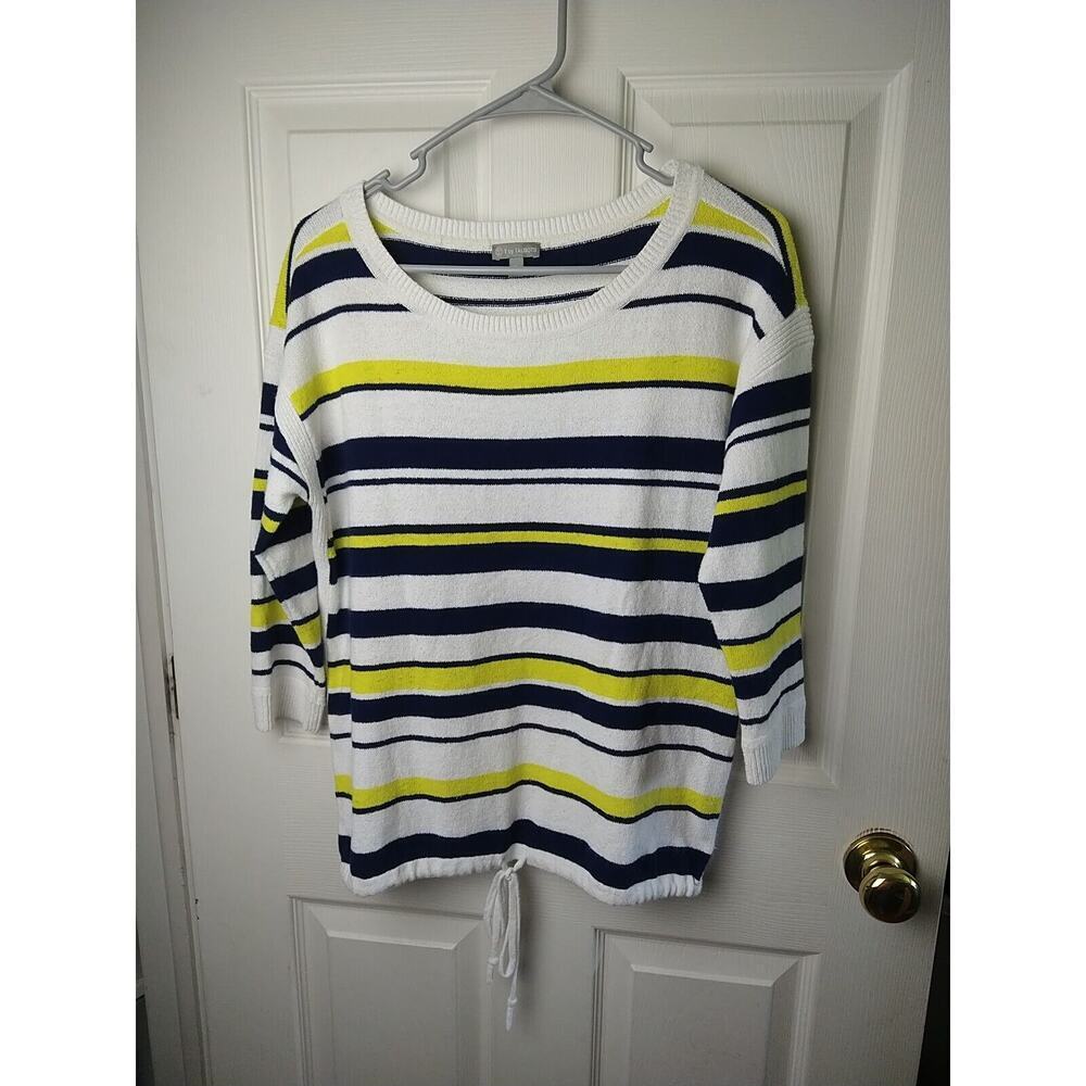 T By Talbots Nautical Striped 3/4 Sleeve Tie Close Bottom Sweater. Size MP